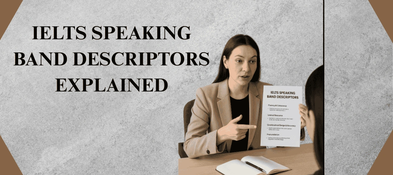 IELTS tutor explaining speaking band descriptors with examples for fluency, vocabulary, grammar, and pronunciation